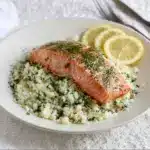 salmon with lemon + herb cauliflower rice