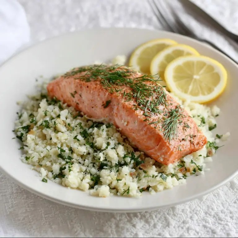 salmon with lemon + herb cauliflower rice