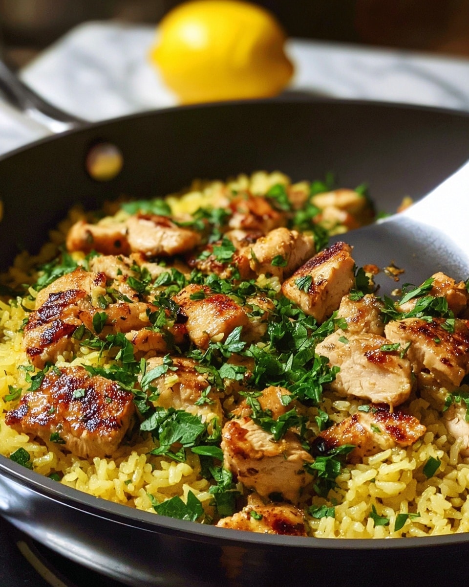 A close-up of a black pan filled with cooked yellow rice as the base layer, with golden-brown grilled chicken pieces scattered on top. Bright green chopped cilantro is sprinkled all over the dish, adding a fresh contrast. A metal spoon is partially visible on the right side, stirring the food. In the blurred background, a yellow lemon sits on a white marbled texture. photo taken with an iphone --ar 4:5 --v 7