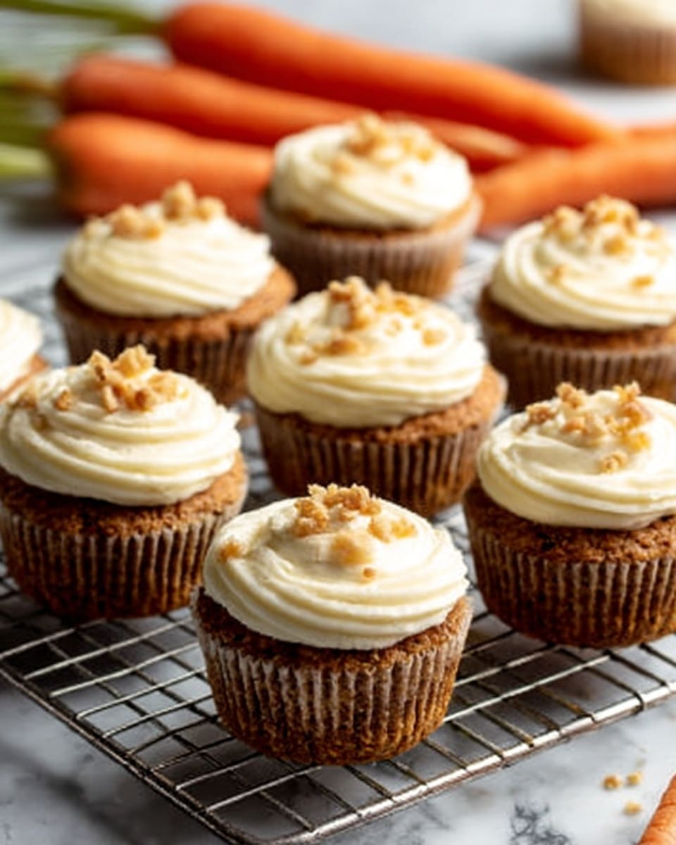 The image shows a group of ten cupcakes arranged on a metal cooling rack, set on a white marbled surface. Each cupcake has two layers: the bottom layer is a moist brown cake with a slightly rough texture, and the top layer is a smooth, creamy off-white frosting swirled in a circular pattern. At the center of each frosting swirl, there are small pieces of light brown crumbled nuts sprinkled as a topping. Several bright orange carrots lay on the surface in the background, adding a pop of color. The overall look is fresh and inviting with soft lighting enhancing the creamy frosting and cake texture. Photo taken with an iphone --ar 4:5 --v 7