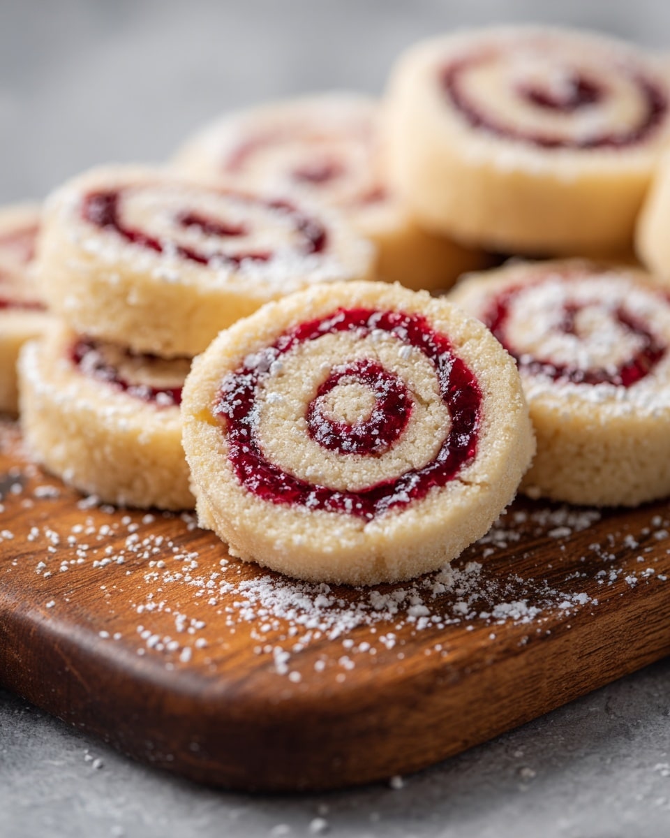 Several round spiral cookies are arranged on a wooden board, each cookie showing two clear layers: an outer light beige dough with a soft crumbly texture and an inner deep red jam spiral that contrasts sharply with the dough. The cookies are dusted with fine white powdered sugar, some of which has scattered on the wooden board and the white marbled surface beneath it. The cookies have a slightly rough edge and look soft and fresh. The background and surface show a soft focus, emphasizing the warm, inviting look of the cookies in the center. Photo taken with an iphone --ar 4:5 --v 7