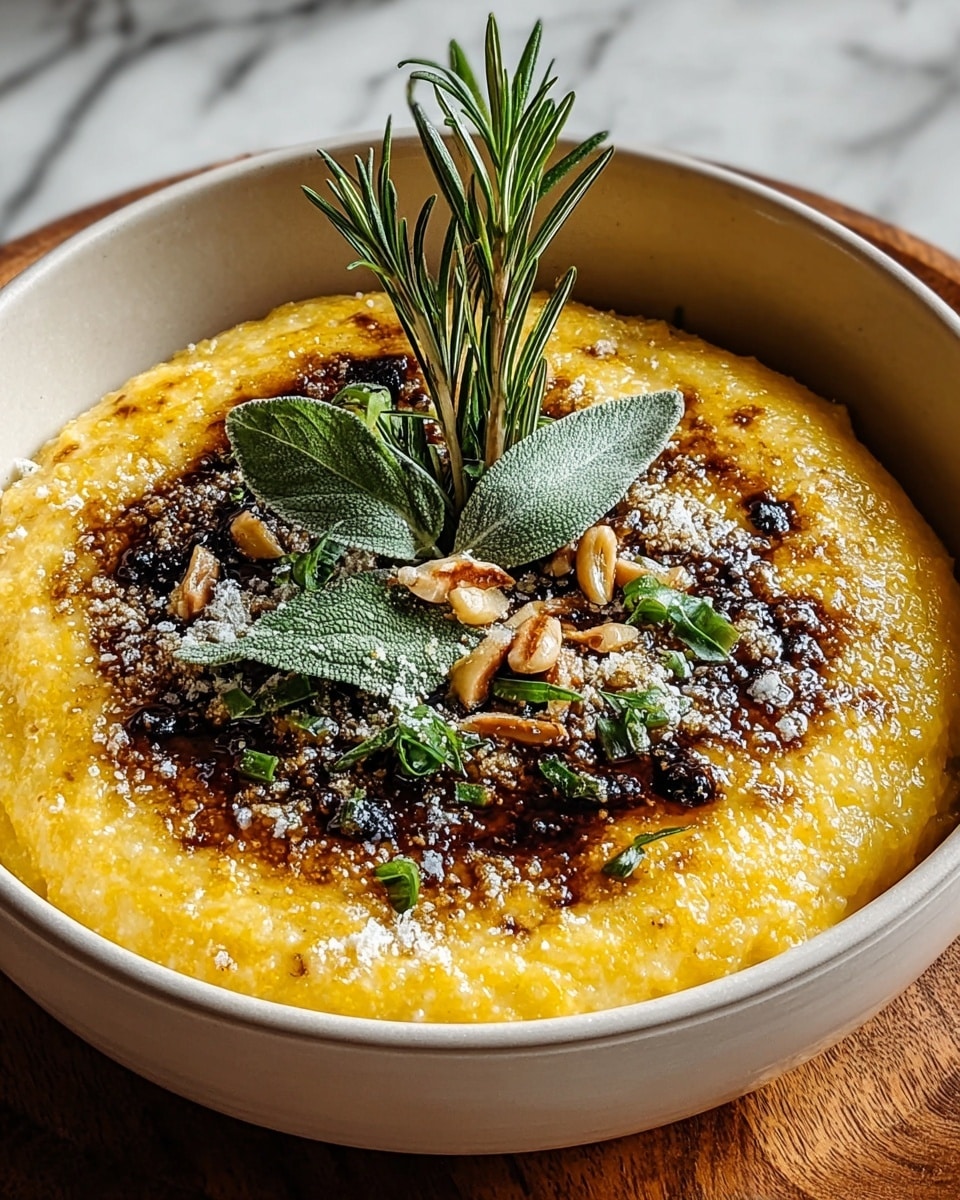 A bowl filled with creamy yellow polenta that has a smooth, slightly grainy texture, topped with a dark brown, glossy sauce spread across the center. On top of the sauce, there are thin green sage leaves, some fresh rosemary sprigs standing upright in the middle, small green herb bits, and a sprinkle of grated white cheese. Scattered lightly around the herbs are a few small brown nuts or seeds. The bowl is white with a wide rim, and the background shows a white marbled surface. photo taken with an iphone --ar 4:5 --v 7