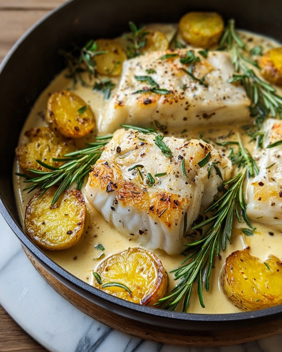 The image shows a close-up of a pan with two thick, pale white pieces of cooked fish that have a slightly browned, crispy top sprinkled with black pepper and small green rosemary leaves. Around the fish, there are several golden-yellow potato slices with browned edges. The dish is covered in a creamy beige sauce with visible herbs. Some fresh green rosemary sprigs are placed decoratively on top of the fish and potatoes. The pan has a dark exterior, and it sits on a round wooden surface with a white marbled texture visible beneath. photo taken with an iphone --ar 4:5 --v 7
