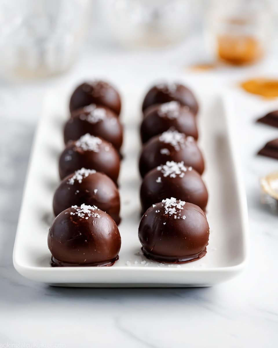 The image shows twelve round chocolate truffles arranged in three neat rows on a white rectangular plate. Each truffle has a smooth, shiny dark brown chocolate coating topped with a small sprinkle of white flaky salt, adding texture contrast. The plate is placed on a white marbled surface, giving a clean and elegant look. The background is softly blurred with hints of chocolate and other small items out of focus, keeping the attention on the truffles in the front. photo taken with an iphone --ar 4:5 --v 7
