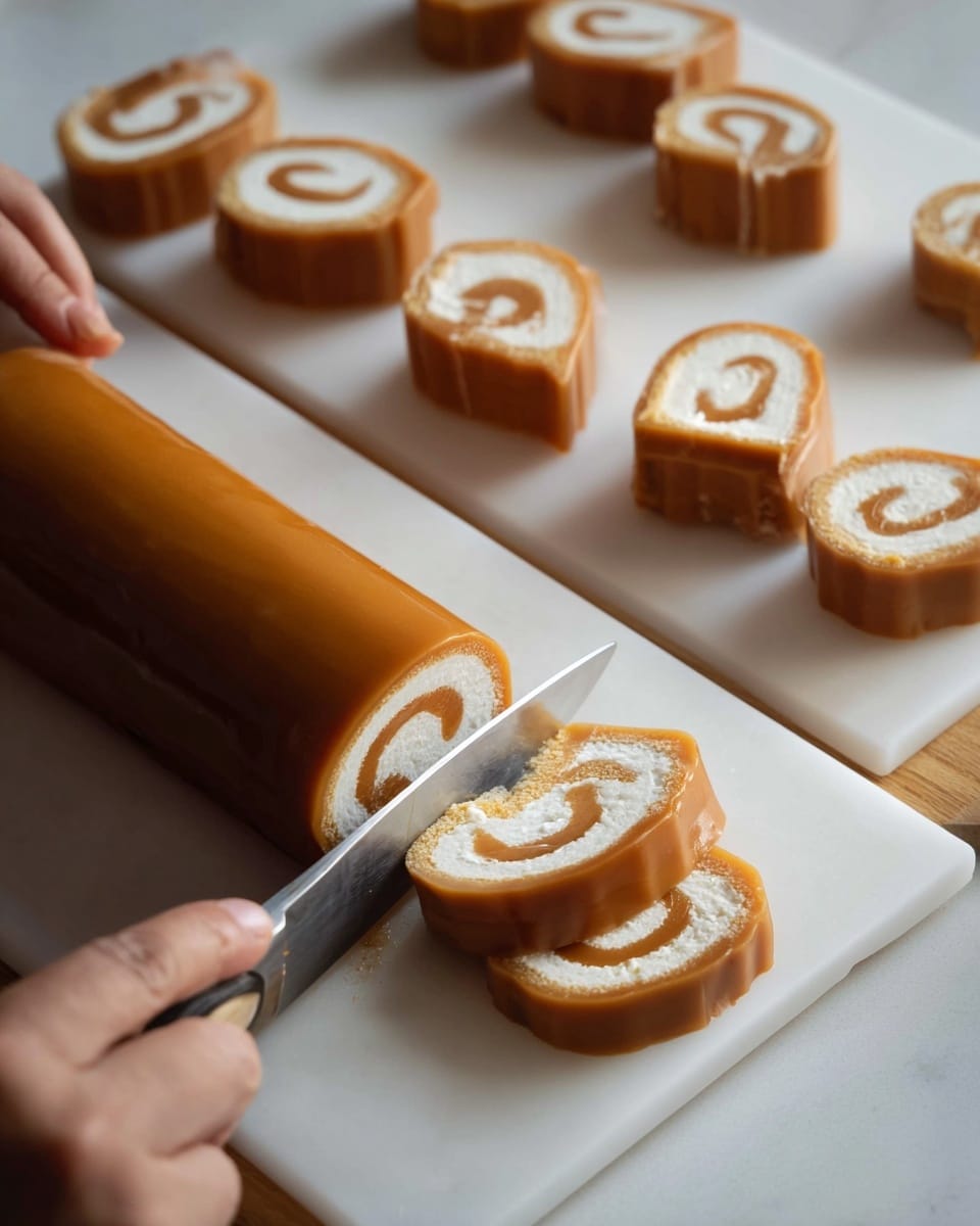 A white cutting board holds a long, caramel-colored roll with a smooth, shiny texture, which is being sliced into smaller pieces by a knife held in a woman's hand. Each slice reveals a white swirled pattern inside, showing two layers: the outer caramel layer and the inner cream-colored layer. The background features more of these small round caramel rolls arranged neatly, standing upright to display their swirl design. The scene is set on a white marbled surface that contrasts with the warm tones of the roll. Photo taken with an iphone --ar 4:5 --v 7