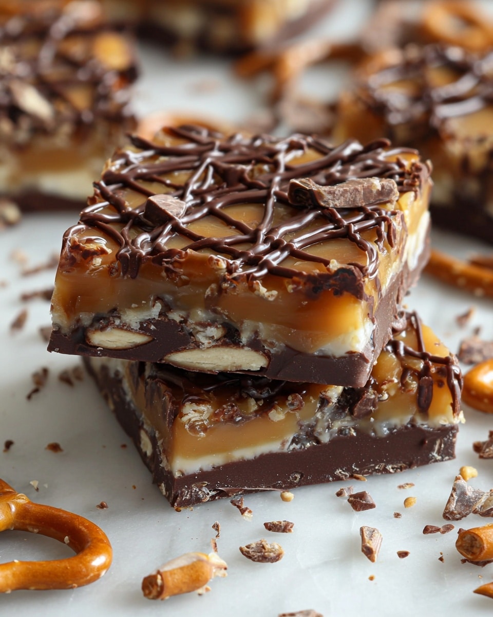 The image shows a stack of two square pieces of a dessert made with three clear layers: the bottom layer is dark chocolate with visible pretzel bits embedded, the middle layer is golden brown caramel mixed with whole pretzels, and the top layer is decorated with a shiny caramel drizzle over pretzels and a crisscross pattern of smooth milk chocolate. The pieces rest on a white marbled surface scattered with broken bits of pretzels and chocolate. The texture looks crunchy, gooey, and smooth all together. photo taken with an iphone --ar 4:5 --v 7