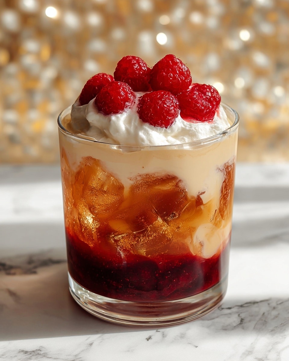 This drink is served in a clear glass showing four layers from bottom to top: a deep red layer with a jam-like texture, a creamy light beige layer above it, then a dark amber liquid with ice cubes creating a textured look, and on top, a thick white whipped cream layer crowned with bright red raspberries. The glass rests on a white marbled surface with a softly blurred background featuring light tones and hints of gold. photo taken with an iphone --ar 4:5 --v 7
