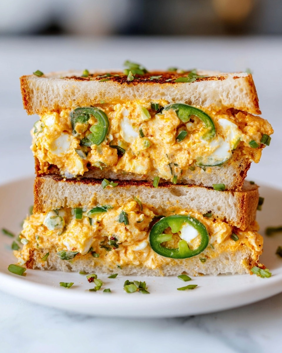 The image shows a sandwich cut in half and stacked, placed on a white plate over a white marbled surface. The sandwich has two layers of bread, each light brown and soft textured. The inside filling consists of a chunky, creamy orange spread mixed with small white pieces that look like chopped eggs, and finely chopped green herbs scattered throughout. There are fresh, thin green slices of jalapeño peppers visible just above the bottom layer of bread. The top layer shows a slightly browned, baked texture on the cheese and egg mix giving it a crisp look on parts. The sandwich looks thick, fresh, and rich in flavor. Photo taken with an iphone --ar 4:5 --v 7
