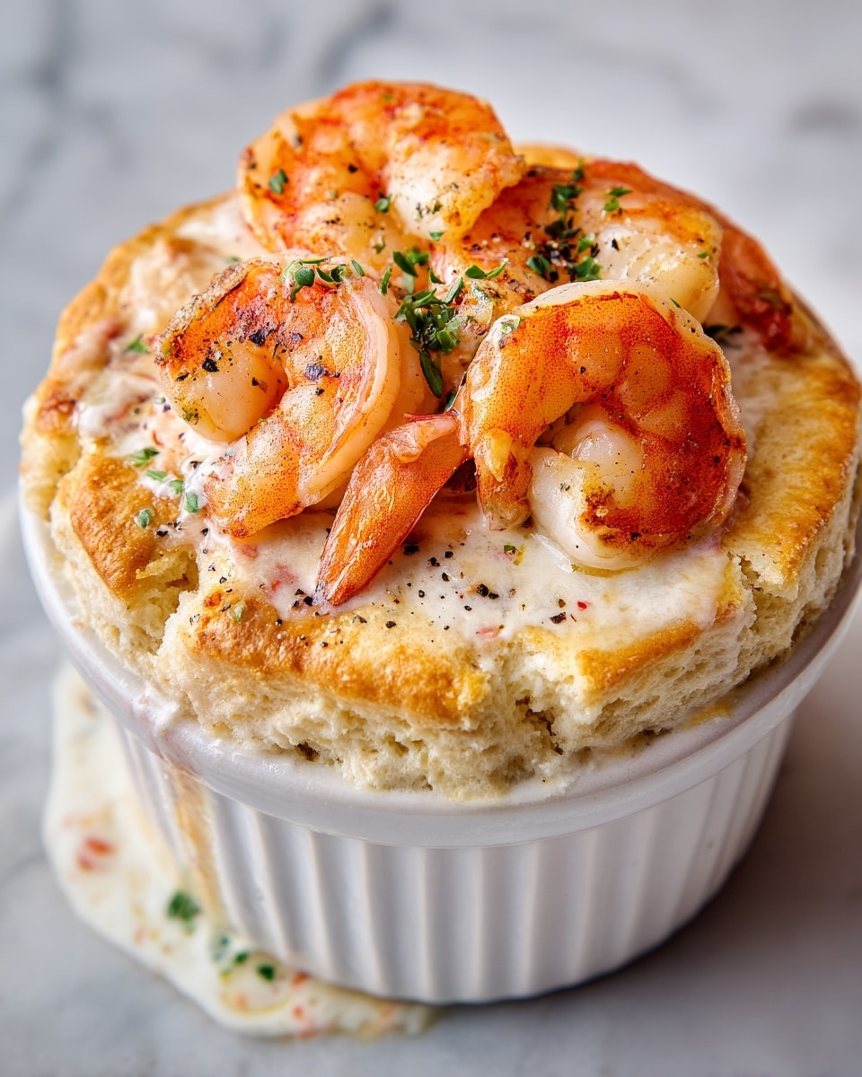 A white ramekin is filled with a layered shrimp dish. The bottom layer is creamy white sauce with specks of red, topped with five large cooked shrimp that are pink with slight orange and white highlights. These shrimp are partially covered with a golden-brown biscuit crust that is textured and slightly crumbly, rising above the ramekin’s edge. The dish is garnished with small green herbs and sprinkled black pepper, all set on a white marbled surface. photo taken with an iphone --ar 4:5 --v 7