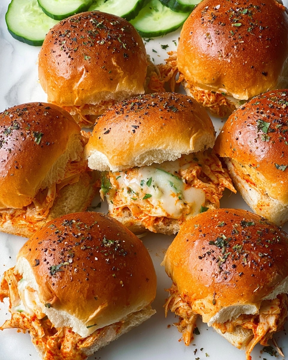 The image shows six small sandwiches arranged closely on a white marbled surface, each made with shiny, golden-brown top buns sprinkled with herbs and black pepper. Inside each sandwich, there is a layer of shredded chicken mixed with melted white cheese and a reddish-orange sauce, all slightly spilling out from the sides. To the upper left corner, there are a few slices of green cucumber adding a fresh contrast to the warm colors of the sandwiches. The buns have a soft, fluffy texture with some herbs scattered on and around them, creating a rustic, homemade look. photo taken with an iphone --ar 4:5 --v 7