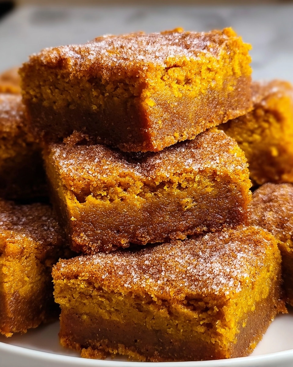The image shows a close-up of several square pieces of moist, golden brown cake with a slightly coarse texture. Each cake piece has a top layer dusted with a fine layer of powdered sugar and a hint of cinnamon, giving it a light speckled look. The inside of the cake has a dense, chewy appearance with visible small air holes, indicating a rich, soft crumb. The pieces are stacked with one piece slightly tilted on top, showing both the top and side textures clearly. The background has a white marbled texture. Photo taken with an iphone --ar 4:5 --v 7
