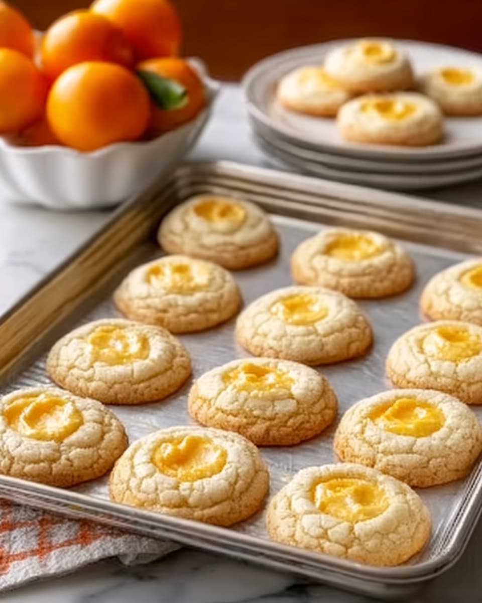 A silver baking tray filled with nine golden brown round cookies arranged neatly in three rows of three. Each cookie has a slightly cracked surface with a swirl of creamy yellow topping in the center. In the background, there is a white bowl with orange fruits and a white plate with more cookies on a white marbled surface. The warm, soft light highlights the textures and colors clearly. Photo taken with an iphone --ar 4:5 --v 7