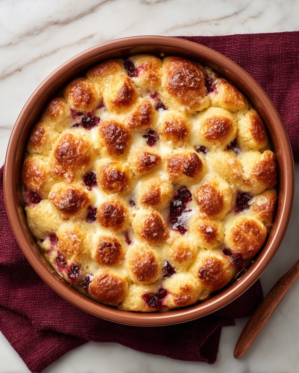 A round bundt pan holds a baked dish made of many small, unevenly shaped dough balls that are golden brown on top with a slightly shiny texture. The dough pieces are layered close together, some stained with deep red spots of melted sauce or jam giving a slightly sticky look, mixing with light melted cheese parts that appear creamy and bubbly. The pan is placed on a folded dark red cloth over a white marbled surface, showing a cozy kitchen scene. Photo taken with an iphone --ar 4:5 --v 7