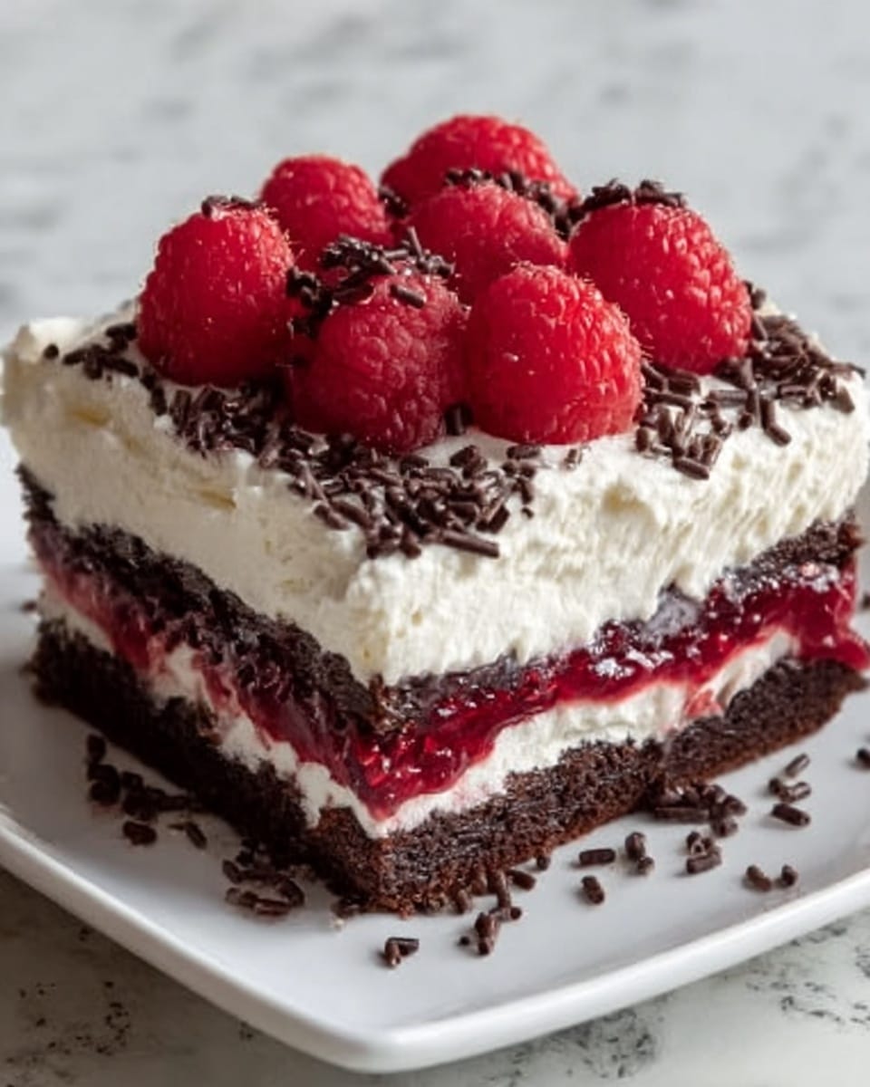 This image shows a square layered dessert placed on a white plate. The bottom layer is a dark brown, moist chocolate cake. Above this is a thin layer of bright red raspberry jam with visible seeds. The next layer is thick white cream, fluffy and smooth, covering the entire top. On top of the cream, there are several fresh red raspberries grouped in the center, surrounded by small dark chocolate sprinkles scattered around. The background surface is a white marbled texture. Photo taken with an iphone --ar 4:5 --v 7