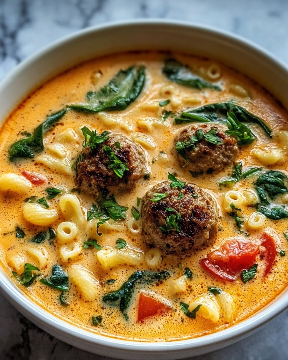 A large white bowl filled with creamy orange soup, containing three brown meatballs sprinkled with green herbs on top, scattered green spinach leaves, small chunks of red tomatoes, and short white macaroni noodles all mixed in a slightly frothy texture, sitting on a white marbled surface. photo taken with an iphone --ar 4:5 --v 7