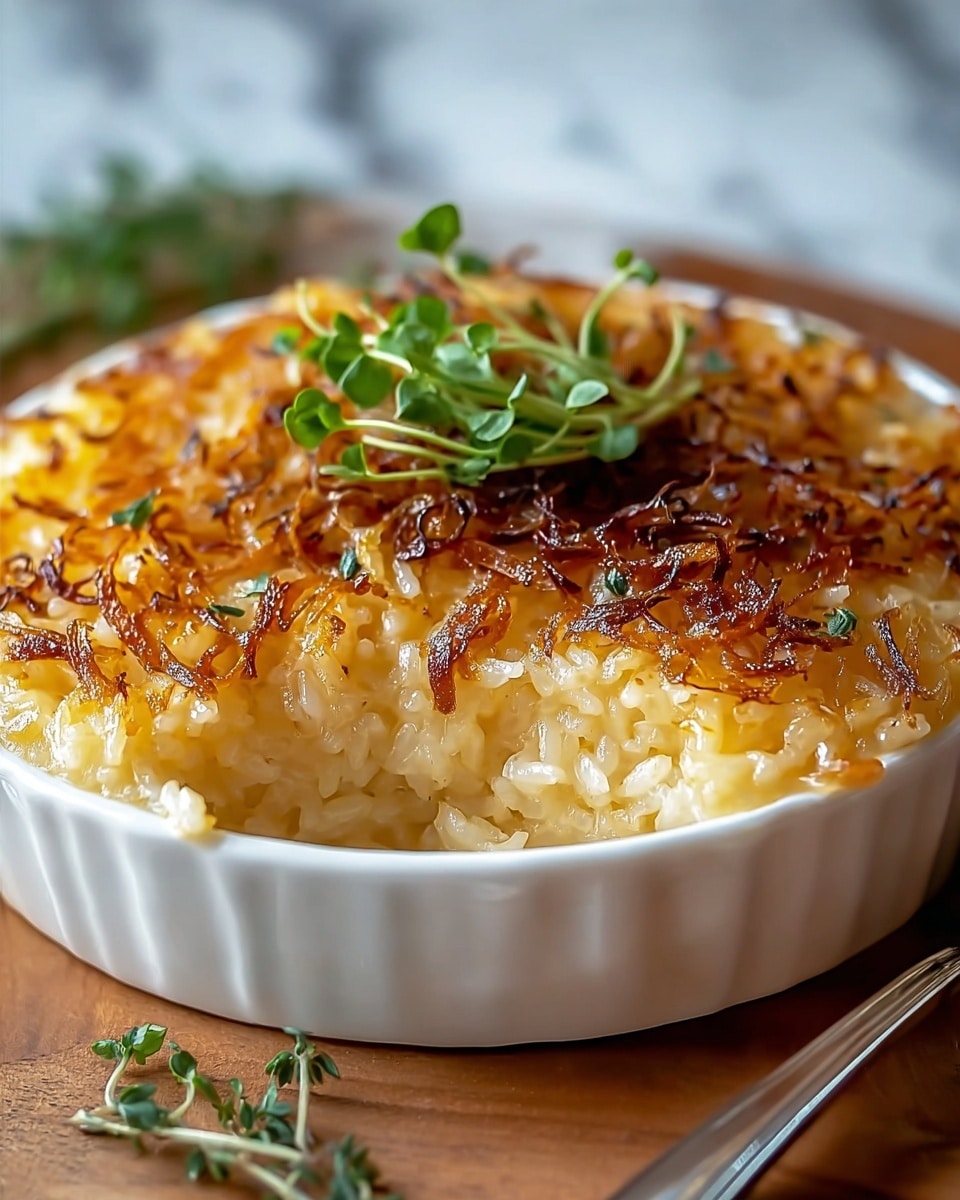 A close-up of a baked rice dish in a white ceramic dish, showing a golden-brown crispy top layer with bits of thin, caramelized onion pieces scattered across it. The rice underneath looks soft and slightly sticky, peeking out from the edges of the crispy top. On top, a small cluster of fresh green herb sprigs adds a touch of freshness and color contrast. The dish sits on a wooden surface with a white marbled texture background, and a silver fork is partially visible on the right side, ready to scoop into the dish. photo taken with an iphone --ar 4:5 --v 7