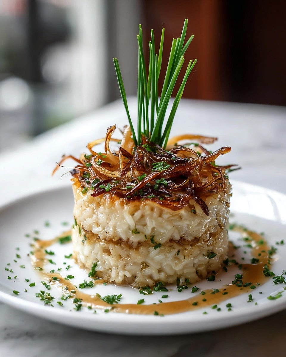 A two-layered round stack of creamy risotto with a golden-brown crust between the layers and on the edges, topped with thin, crispy caramelized onion slices and garnished with finely chopped green herbs scattered on and around the stack, with a small bunch of long green chive stalks standing upright in the center. The dish is plated on a white plate with a light drizzle of brown sauce around the base, all set against a white marbled textured background. photo taken with an iphone --ar 4:5 --v 7
