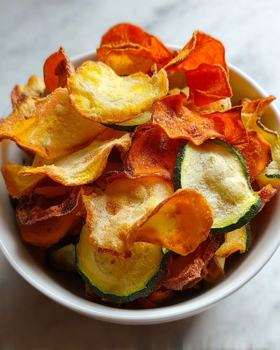 A white bowl filled with a mix of crispy vegetable chips showing several layers of different colors and textures. The top layer has bright orange, thin, curled carrot chips with a rough, crunchy surface. Below and mixed in are yellow sweet potato chips with a slightly wavy texture and some light brown browned edges. There are also green zucchini slices with a smooth green skin edge and soft yellow inside, lightly browned from frying. The chips overlap loosely, creating a colorful, vibrant mix that looks crunchy and freshly made. The background is a white marbled texture. Photo taken with an iphone --ar 4:5 --v 7