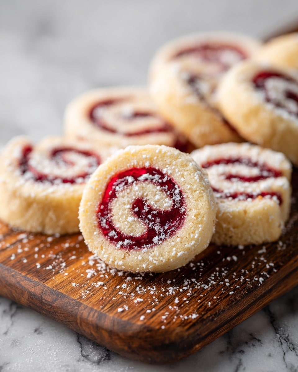 The image shows several small cookie swirls arranged on a wooden board. Each cookie has two visible layers: the outer layer is light golden brown with a crumbly texture, and inside, there is a deep red jelly-like swirl forming a spiral pattern. Some powdered sugar is sprinkled on top and around the cookies, adding a light white dusting. The background features a white marbled texture that softly contrasts the warm tones of the board and cookies. Photo taken with an iphone --ar 4:5 --v 7