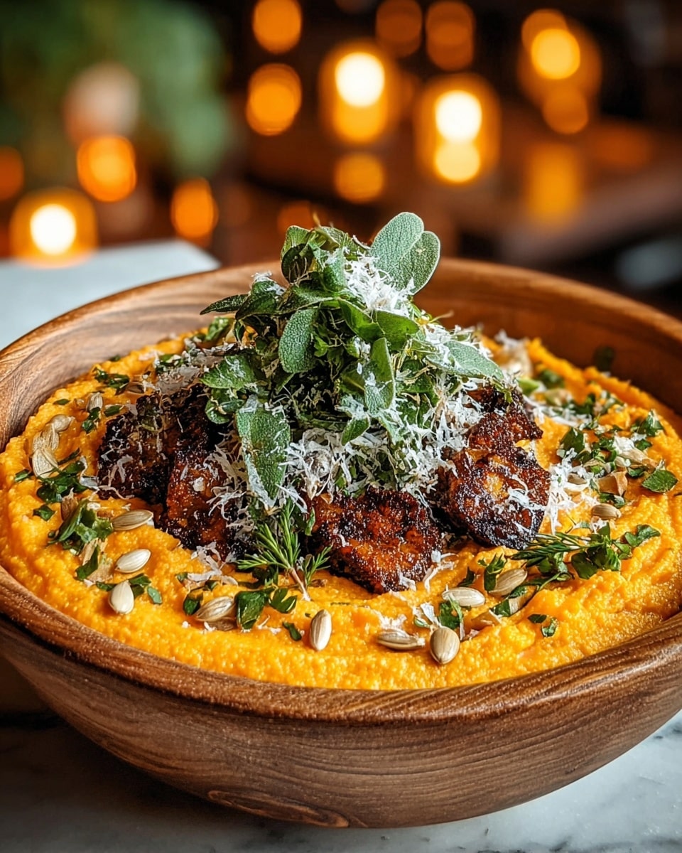 A wooden bowl filled with a thick, bright orange creamy base that looks smooth and slightly grainy, topped with pieces of dark brown, crispy textured food in the center. On top of this are fresh green leaves covered with white grated shavings. Around the edges of the bowl, there are scattered chunks of fresh chopped green herbs and light brown seeds. The whole dish sits on a white marbled surface with blurred warm lights in the background, creating a cozy atmosphere. photo taken with an iphone --ar 4:5 --v 7