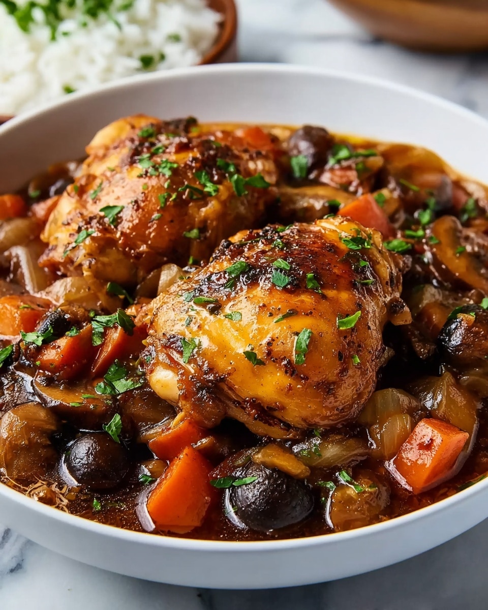A white bowl holds two pieces of golden-brown chicken thighs on top of a rich, dark brown sauce loaded with chunks of orange carrots, light brown onions, and sliced dark mushrooms, all mixed together. The chicken is shiny and glistening with sauce, sprinkled with small green herb pieces. The bowl sits on a white marbled surface with a side of white rice topped with green herbs blurred in the background. photo taken with an iphone --ar 4:5 --v 7