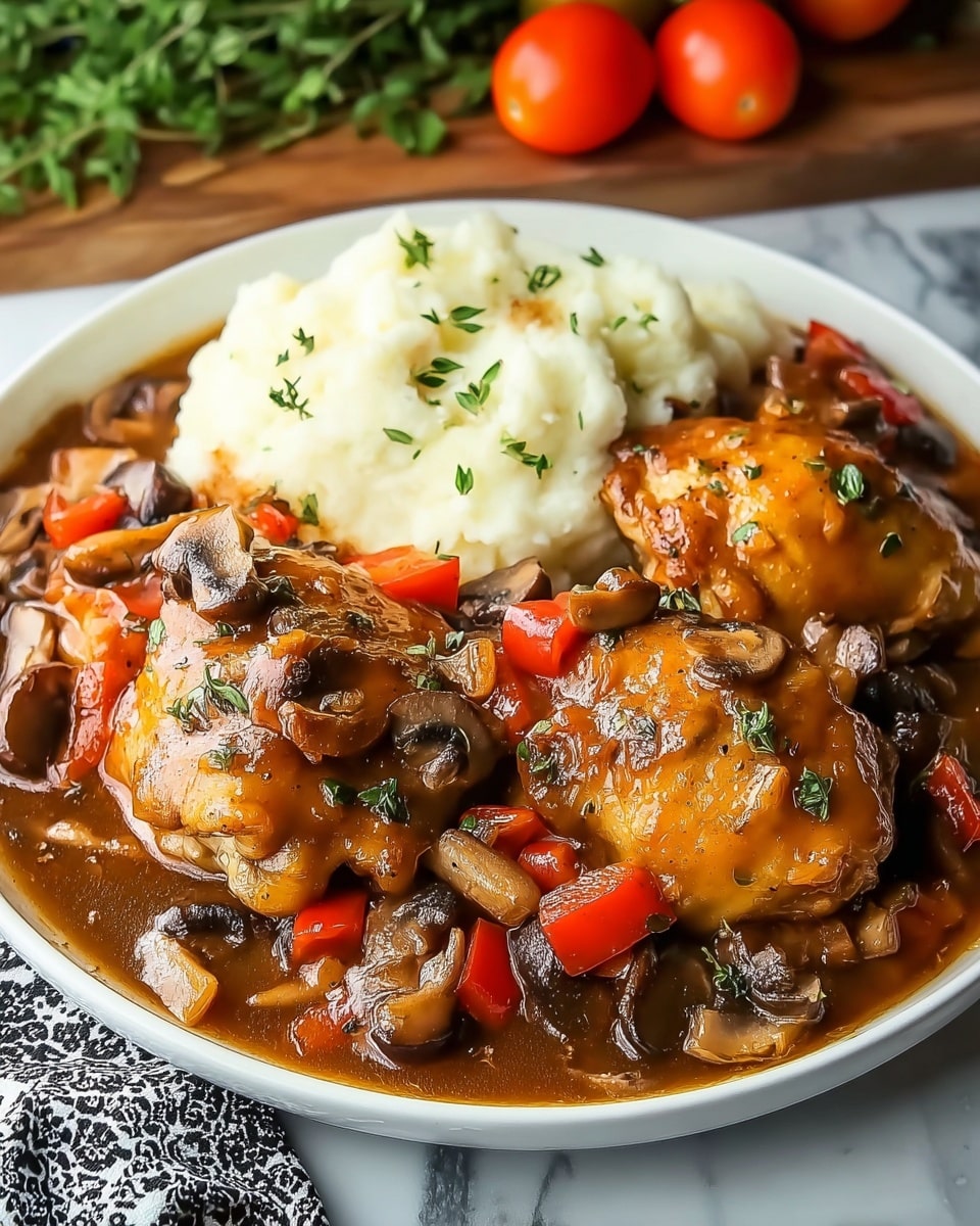 A white plate holds a dish with three large, golden-brown chicken thighs covered in a shiny, rich brown sauce. The sauce contains chunks of red bell peppers, sliced mushrooms, and small bits of onions, creating a colorful mix over and around the chicken. In the back of the plate, there is a generous serving of fluffy, white mashed potatoes topped with small green herb sprigs. The plate rests on a white marbled texture surface with a patterned black and white cloth partially visible nearby, and some fresh whole cherry tomatoes and green herbs in the blurred background. Photo taken with an iphone --ar 4:5 --v 7