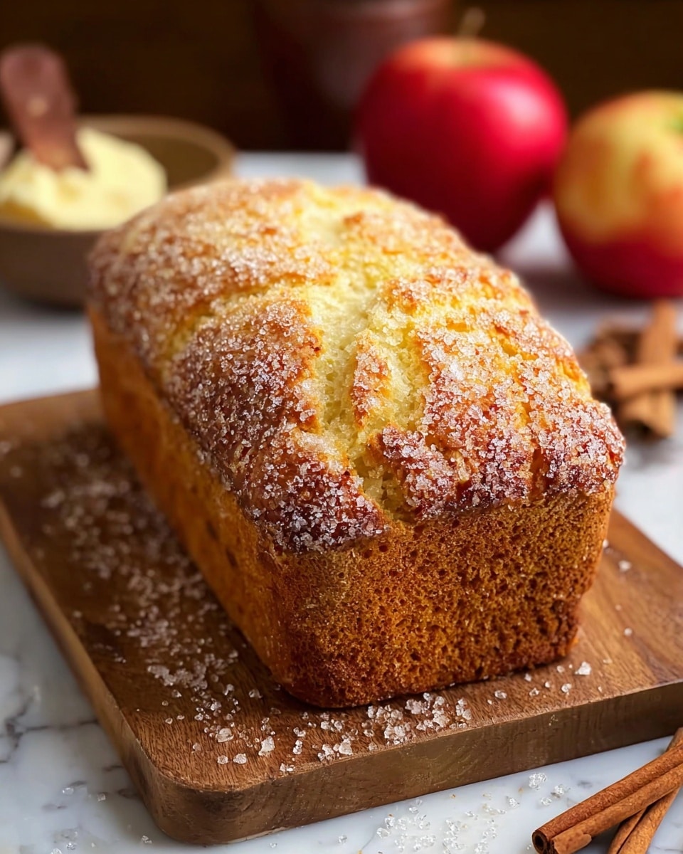 The image shows a loaf of bread with three visible layers; the bottom layer is a golden brown crust, the middle layer is a soft, light brown bread with small specks, and the top layer is covered in large sparkling sugar crystals with a cracked golden surface. The loaf is resting on a wooden board with some sugar scattered around it. In the blurred back, there are two red apples and some cinnamon sticks on a white marbled texture surface. photo taken with an iphone --ar 4:5 --v 7