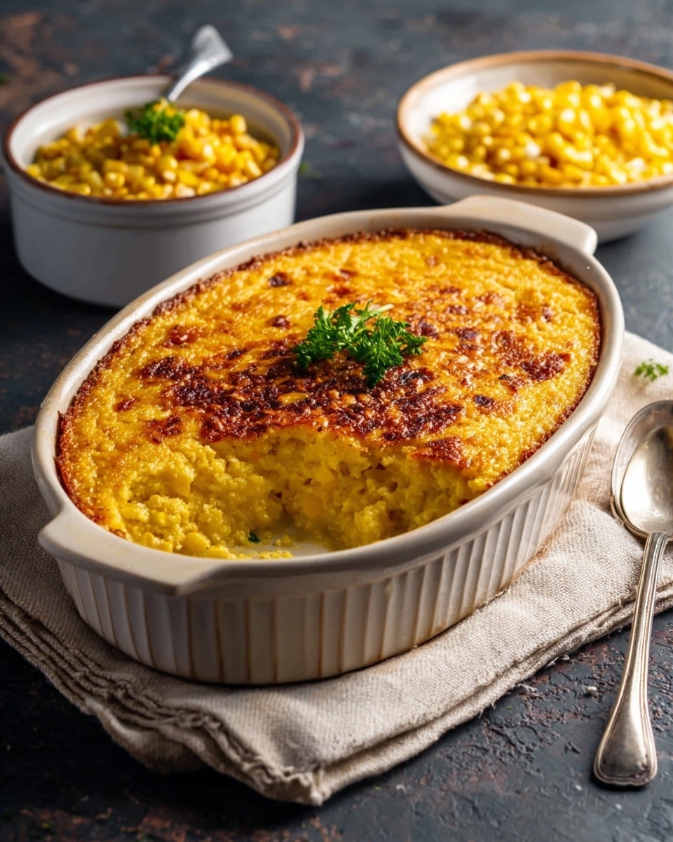 An oval white baking dish filled with a golden brown baked corn casserole that has a slightly crispy, browned top layer with bits of darker toasted spots and a sprig of fresh green parsley in the center. A scoop has been taken out from the front right side, revealing a thick, creamy yellow corn mixture with visible corn kernels inside. The dish rests on a light beige cloth on a dark textured surface, with a silver spoon to the right in the foreground. In the background, there are two white bowls; the smaller bowl holds a serving of the same corn casserole topped with some browned bits, while the larger bowl behind it contains plain cooked yellow corn kernels. Photo taken with an iphone --ar 4:5 --v 7