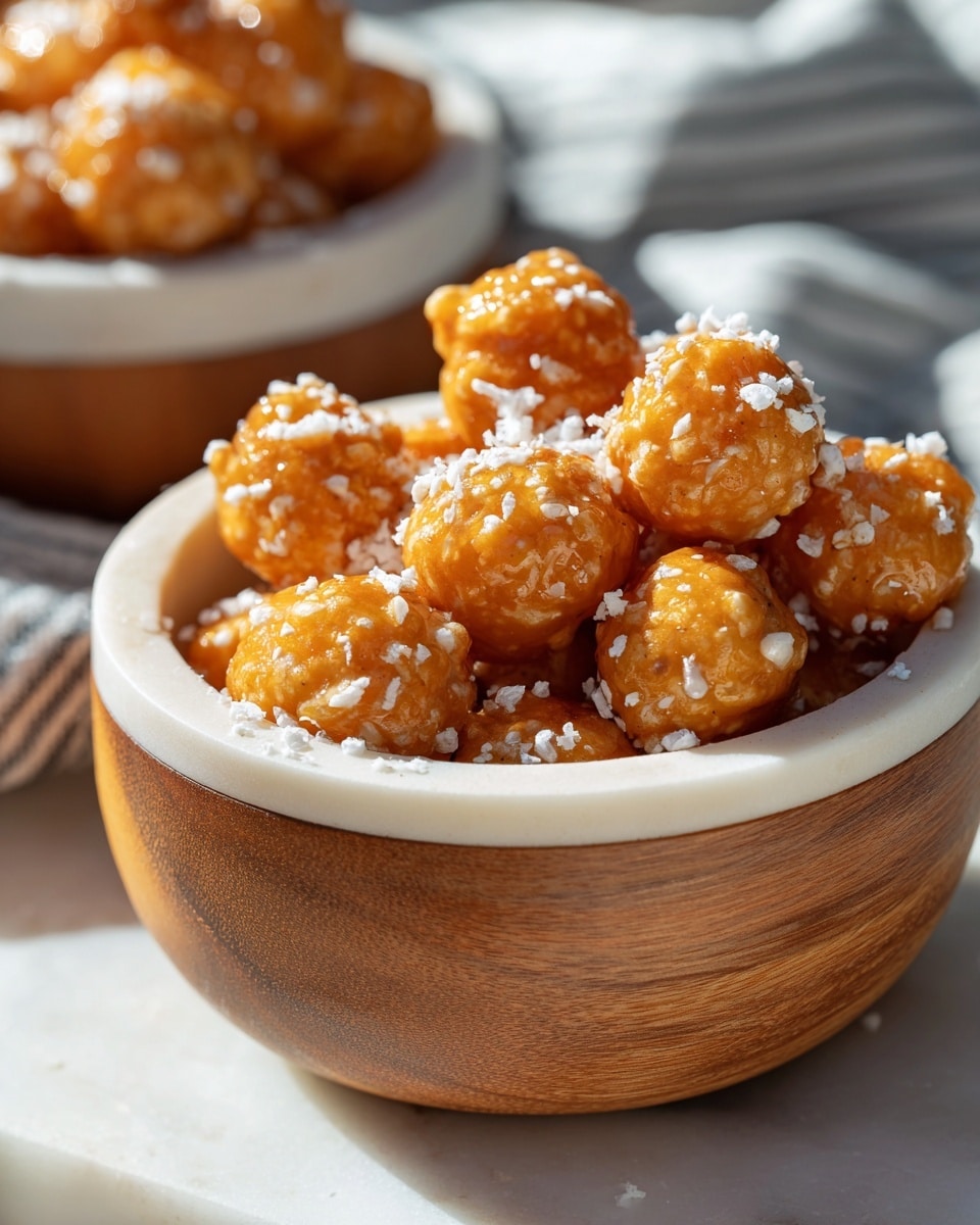 A wooden bowl with a white outer layer is filled with small, round, golden-brown snacks that look crispy and shiny. Each snack is covered with tiny white puffed rice pieces, giving a bumpy texture, and they are piled high inside the bowl so they slightly overflow. The bowl sits on a white marbled texture with a hint of a striped cloth underneath, and another similar bowl is visible but blurred in the background. The lighting is bright and natural, highlighting the glossy surface of the snacks. photo taken with an iphone --ar 4:5 --v 7