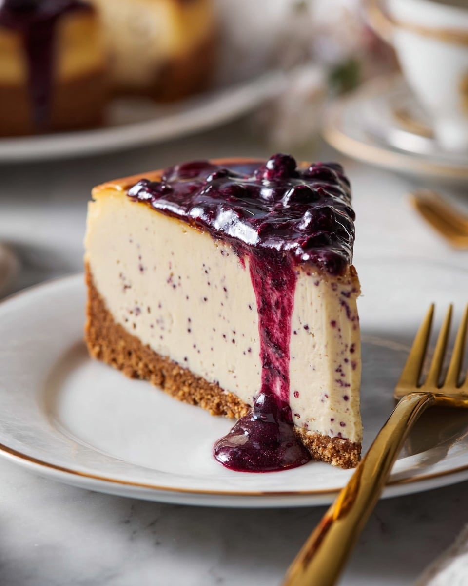 A slice of cheesecake with a thick, crumbly brown crust at the bottom, topped with a creamy beige layer speckled with small dark spots, covered by a glossy, deep purple berry sauce that drips down the side onto a white plate with a thin gold rim; a golden fork lies on the right side of the plate, all set against a white marbled texture background with blurred objects in the back. photo taken with an iphone --ar 4:5 --v 7