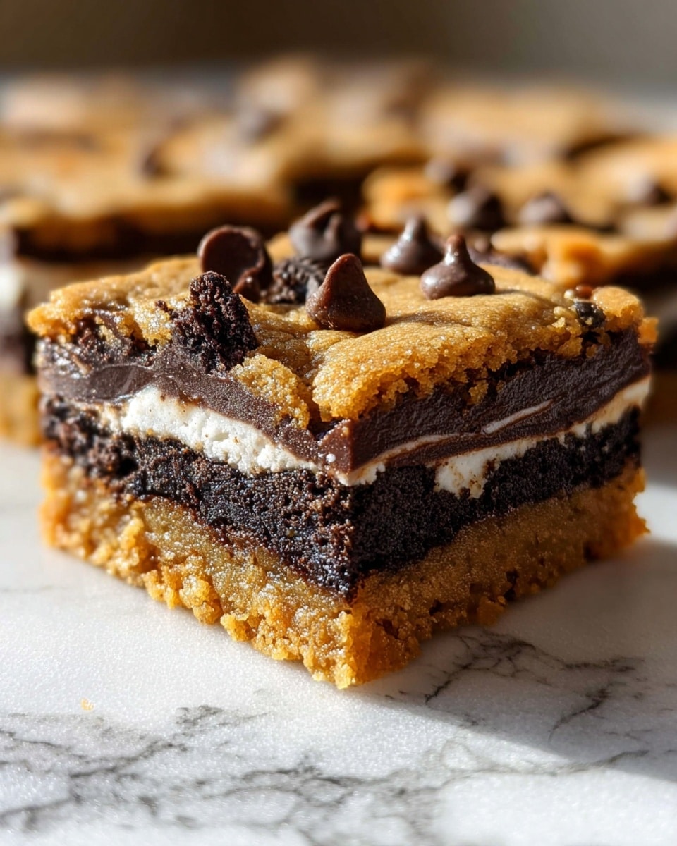 A close-up image of a square layered dessert bar placed on a white marbled surface. The bottom layer is a golden brown, crumbly cookie dough base. Above it, there is a smooth, dark chocolate layer topped by a creamy white layer with a visible Oreo cookie embedded in the middle. The top layer is a slightly cracked, golden brown cookie with melted chocolate chips on its surface, adding texture. The bar is cut cleanly, showing all the layers clearly with sunlight highlighting the shiny chocolate chips. Photo taken with an iphone --ar 4:5 --v 7