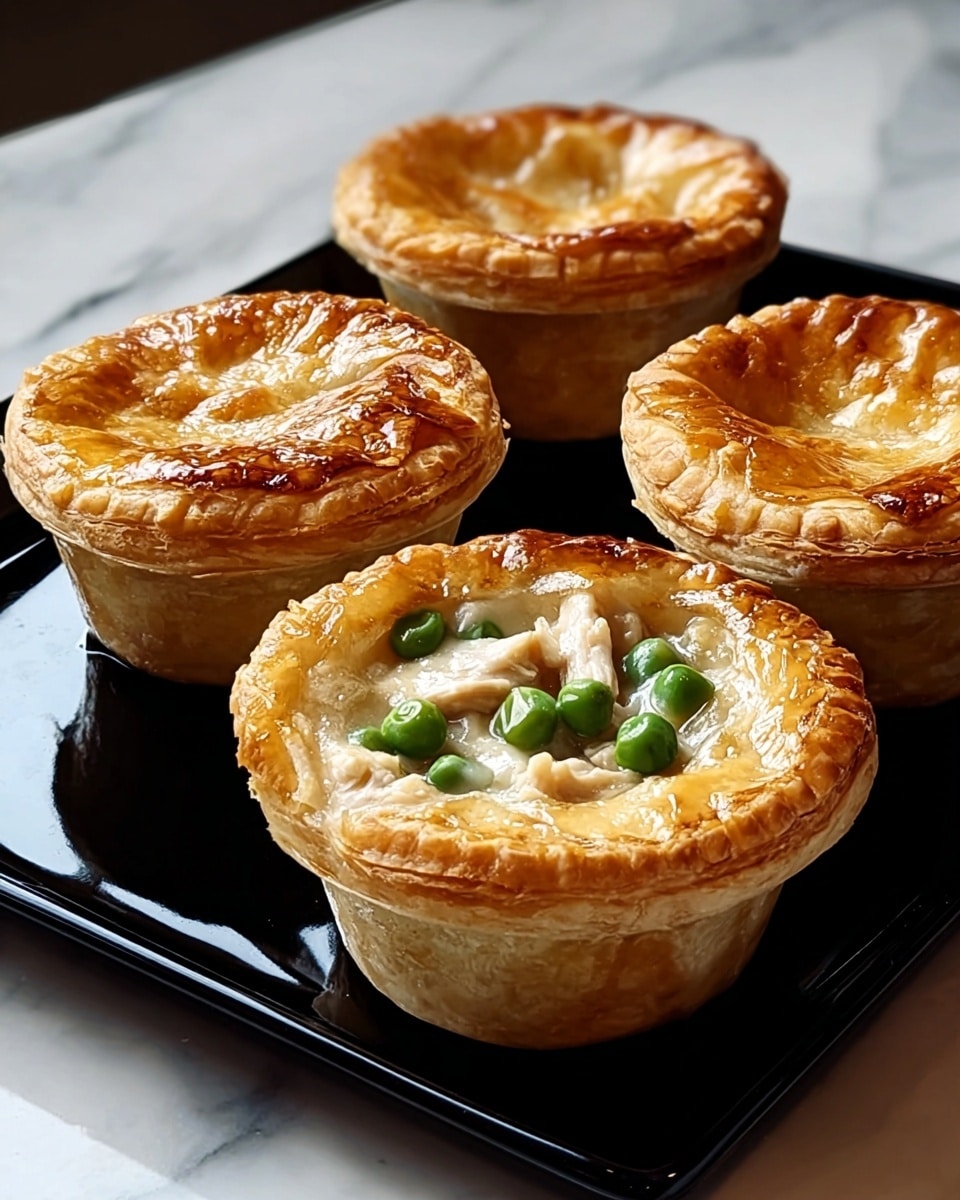 Four small pie tarts sit on a glossy black square plate placed on a white marbled surface. Each tart has a golden-brown flaky crust with crimped edges and layers of light, puffy pastry. The pie in the front has a small open center filled with creamy white chicken pieces and bright green peas, visible through the shiny, slightly browned pastry. The other three pies are fully covered with the same golden crust. The light reflects softly off the crusts, showing their delicate texture and shine. photo taken with an iphone --ar 4:5 --v 7