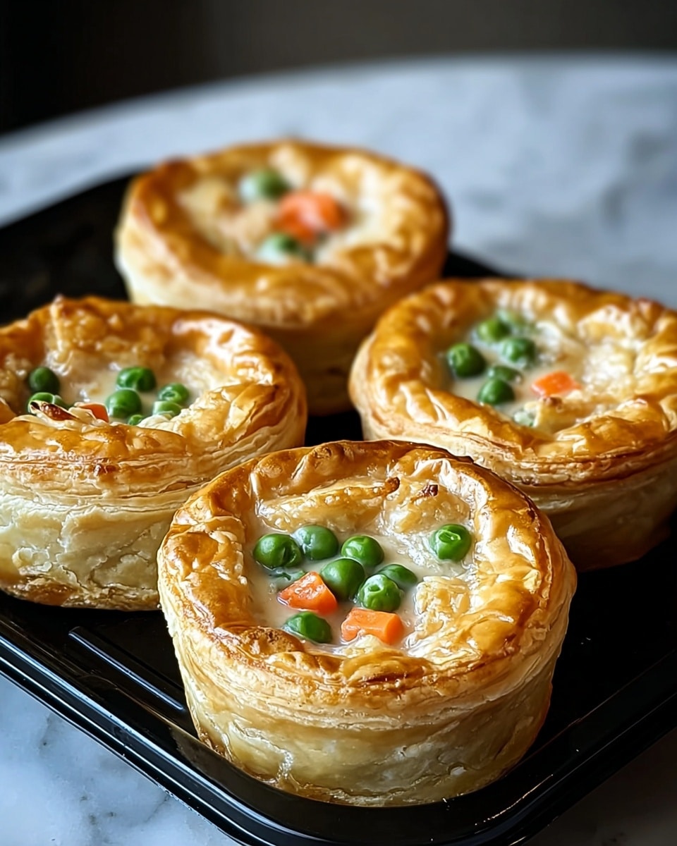 Five round puff pastry mini pies sit on a black tray on a white marbled surface. Each pie has a shiny, golden brown crust with visible flaky layers around the edges. The top center of each pie is slightly open, showing a filling of creamy white sauce mixed with small bright green peas and some orange carrot pieces. The pies are arranged in a loose cluster, with a soft background blur emphasizing their texture and color. photo taken with an iphone --ar 4:5 --v 7