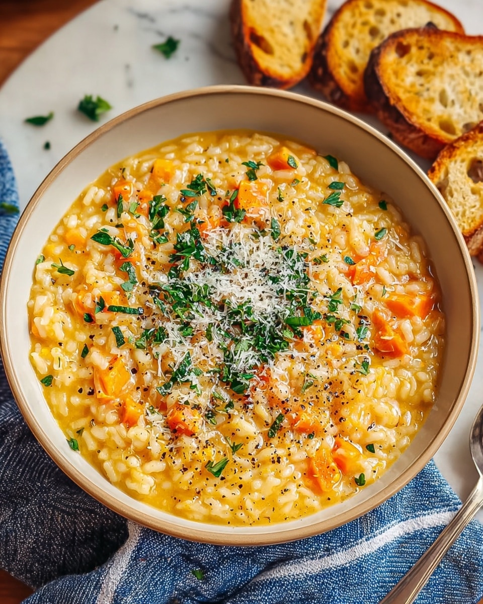 A close-up of a creamy risotto served in a white bowl with a beige rim, showing a thick texture with visible grains of rice cooked to a soft consistency. The dish has a warm yellow-orange color with small diced orange carrot pieces mixed throughout. On top, there is a sprinkling of fresh chopped green herbs, finely grated white cheese, and a light dusting of black pepper. The bowl rests on a blue and white striped cloth, placed on a white marbled surface, with slices of toasted bread around it and a silver spoon nearby. photo taken with an iphone --ar 4:5 --v 7