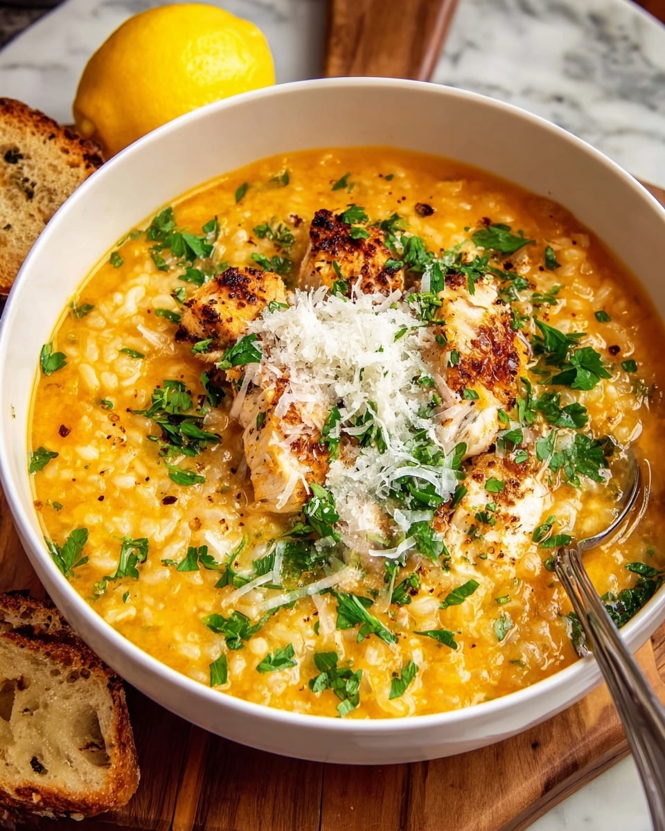A white bowl filled with a creamy orange soup that has a thick, slightly grainy texture from rice or grains. On top, there are golden-brown pieces of grilled chicken, fresh chopped green herbs sprinkled all over, and a heap of finely grated white cheese in the center. The bowl sits on a wooden surface with a piece of toasted bread and a yellow lemon nearby, with a silver spoon inside the bowl on the right side. The background is a white marbled texture. Photo taken with an iphone --ar 4:5 --v 7