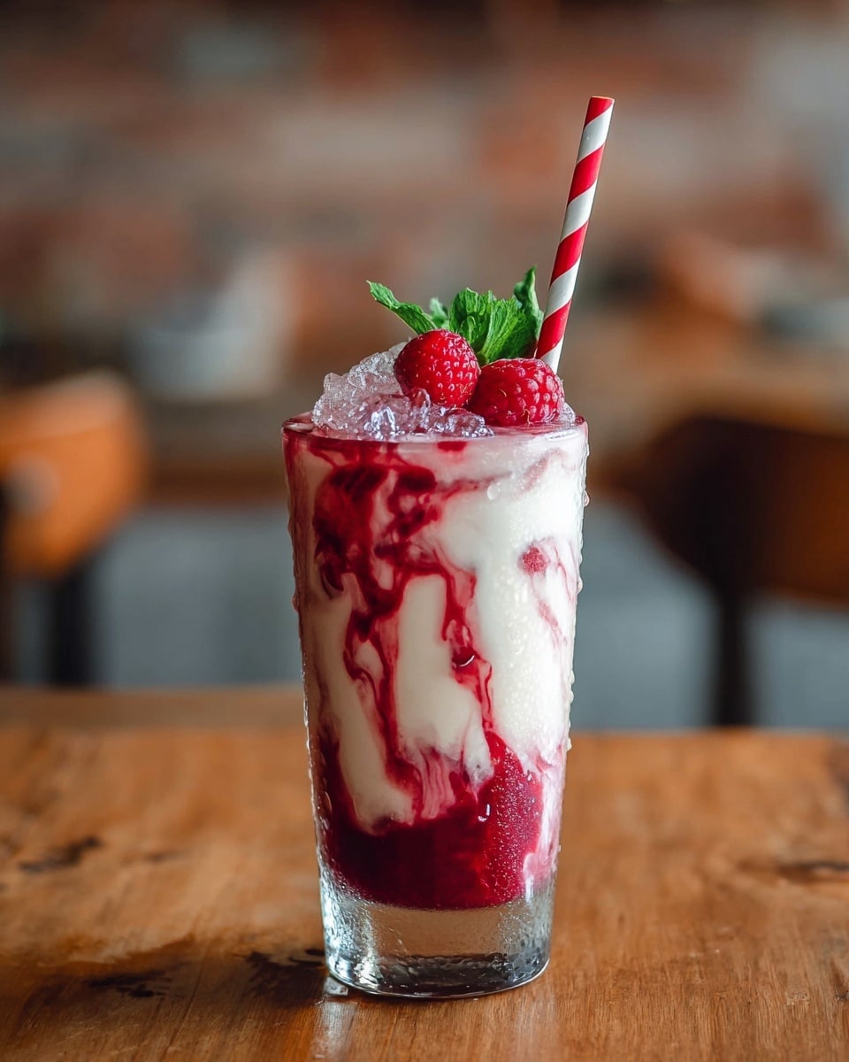 A tall clear glass filled with a creamy white base layered with dark red raspberry syrup swirling inside, creating a marbled effect. The top layer consists of crushed ice with a bright red raspberry and green leaves garnish, and a red and white striped straw stands upright in the drink. The glass has small condensation droplets on the outside and is placed on a wooden surface with a soft, blurred background featuring warm tones. Photo taken with an iphone --ar 4:5 --v 7