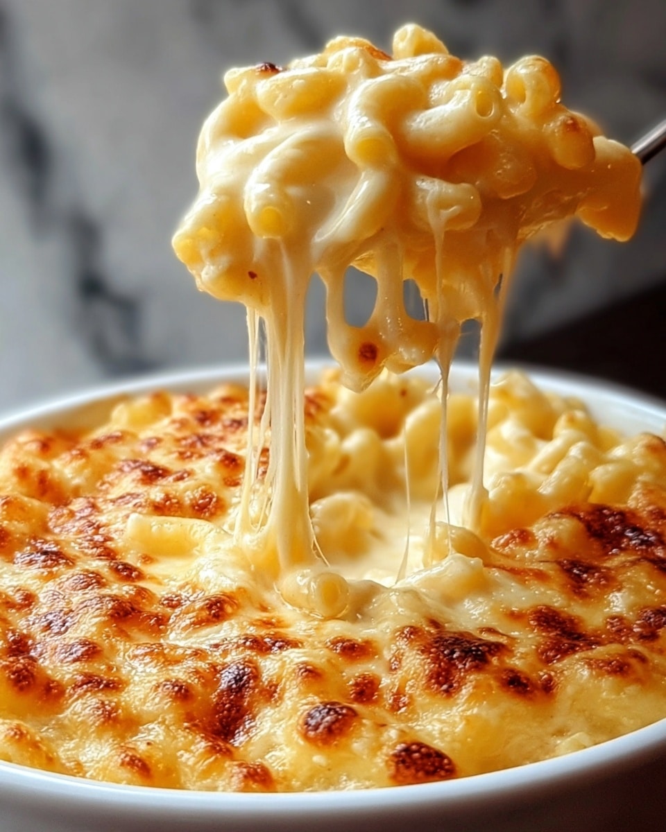 A white round dish filled with creamy macaroni and cheese that has a golden brown bubbly cheese crust on top, showing small browned spots for texture. A portion is being lifted, with stretchy melted cheese pulling up long strings from the cheesy top layer, revealing tender elbow pasta underneath covered in smooth, thick cheese sauce. The background is a white marbled texture. Photo taken with an iphone --ar 4:5 --v 7