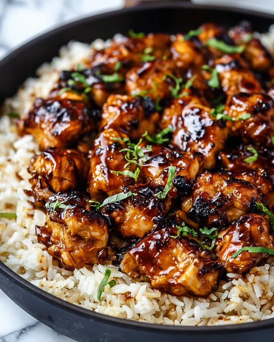 A close-up of a black pan filled with cooked rice as the bottom layer, light brown with a soft texture. On top, there are many pieces of grilled chicken glazed with a shiny dark brown sauce, some parts slightly charred. Small green herb leaves are sprinkled over the chicken, adding a fresh touch. The pan sits on a white marbled surface. photo taken with an iphone --ar 4:5 --v 7