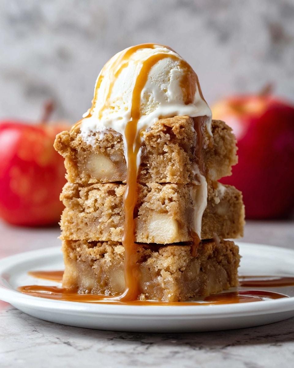 A stack of three thick, soft, crumbly apple cake squares are piled on a white plate, with caramel sauce slowly dripping down the sides of the top two layers. A round scoop of creamy vanilla ice cream sits on top, slightly melting into the cake and caramel. The cake is light brown with visible small apple pieces inside, giving a moist texture. The background shows a blurred red apple and a white marbled surface beneath the plate. photo taken with an iphone --ar 4:5 --v 7