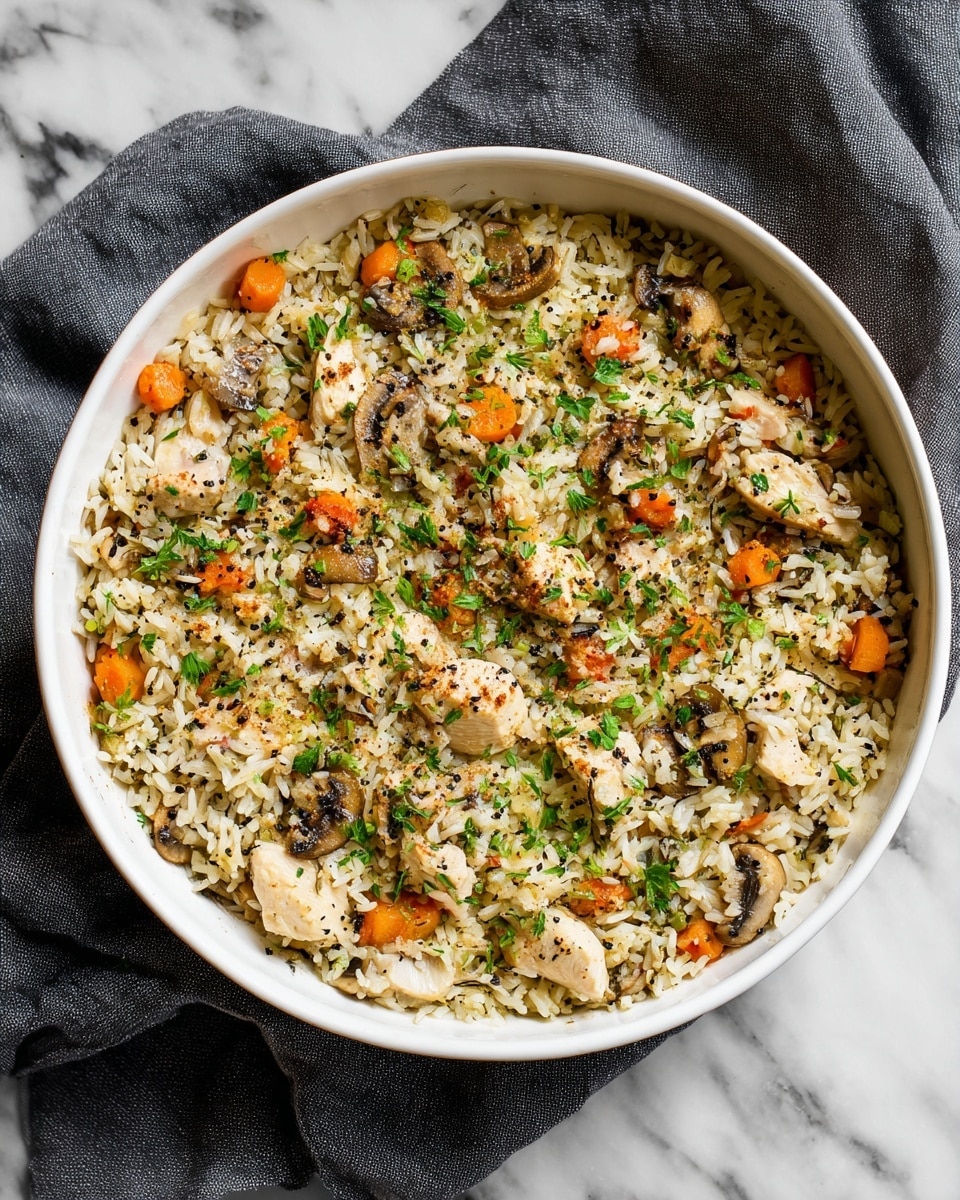 The image shows a white pan filled with a mixed rice dish. The dish has a base layer of cooked rice with a mix of wild and white grains. Mixed within the rice are pieces of tender cooked chicken, small carrot cubes, and sliced mushrooms. The top layer is sprinkled with black pepper and chopped green herbs, giving a fresh and colorful look. The texture shows a moist and soft appearance with visible pieces of vegetables and chicken evenly spread. The dish is placed on a dark gray cloth over a white marbled surface. Photo taken with an iphone --ar 4:5 --v 7