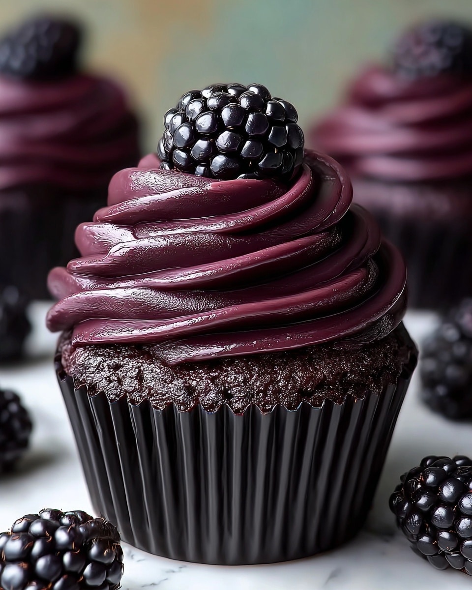 A rich dark chocolate cupcake sits at the center, its base textured and moist with a deep brown color. On top, there is a thick swirl of glossy, deep purple frosting, smoothly piped in three layered rings that rise to a delicate peak. Two shiny blackberries rest gently on the peak, adding a fresh, glossy black contrast with tiny reflective droplets. Around the cupcake, several blackberries lay scattered on a white marbled surface. The background is softly blurred, focusing all attention on the cupcake. photo taken with an iphone --ar 4:5 --v 7