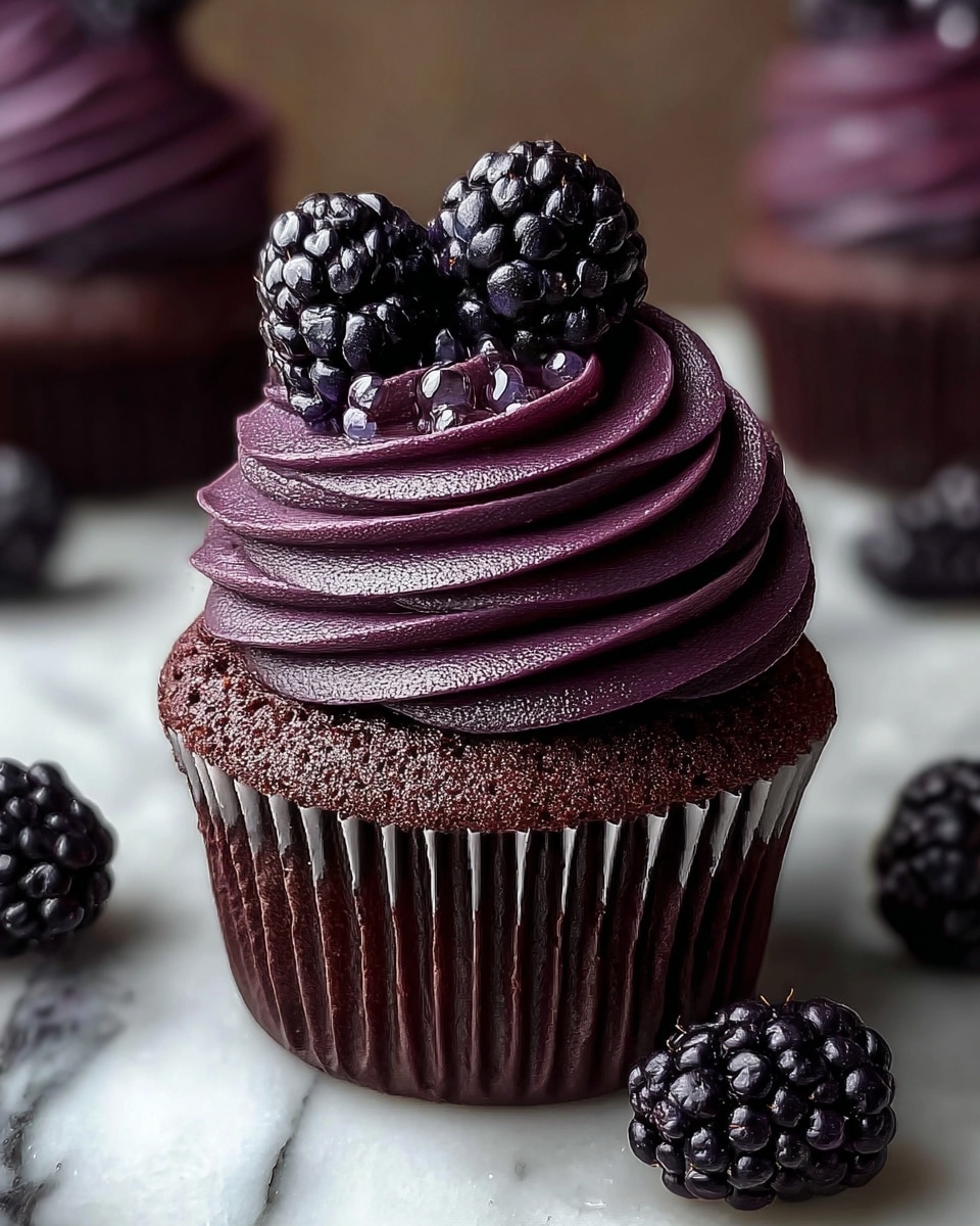 A rich dark chocolate cupcake in a shiny black wrapper takes the center, topped with three visible layers of smooth, thick, dark purple frosting swirled high with a glossy texture. On top sits a single large blackberry, deep black with a shiny, bumpy surface catching the light. Around the cupcake on a white marbled background are scattered fresh blackberries, blurred slightly in the background. Photo taken with an iphone --ar 4:5 --v 7