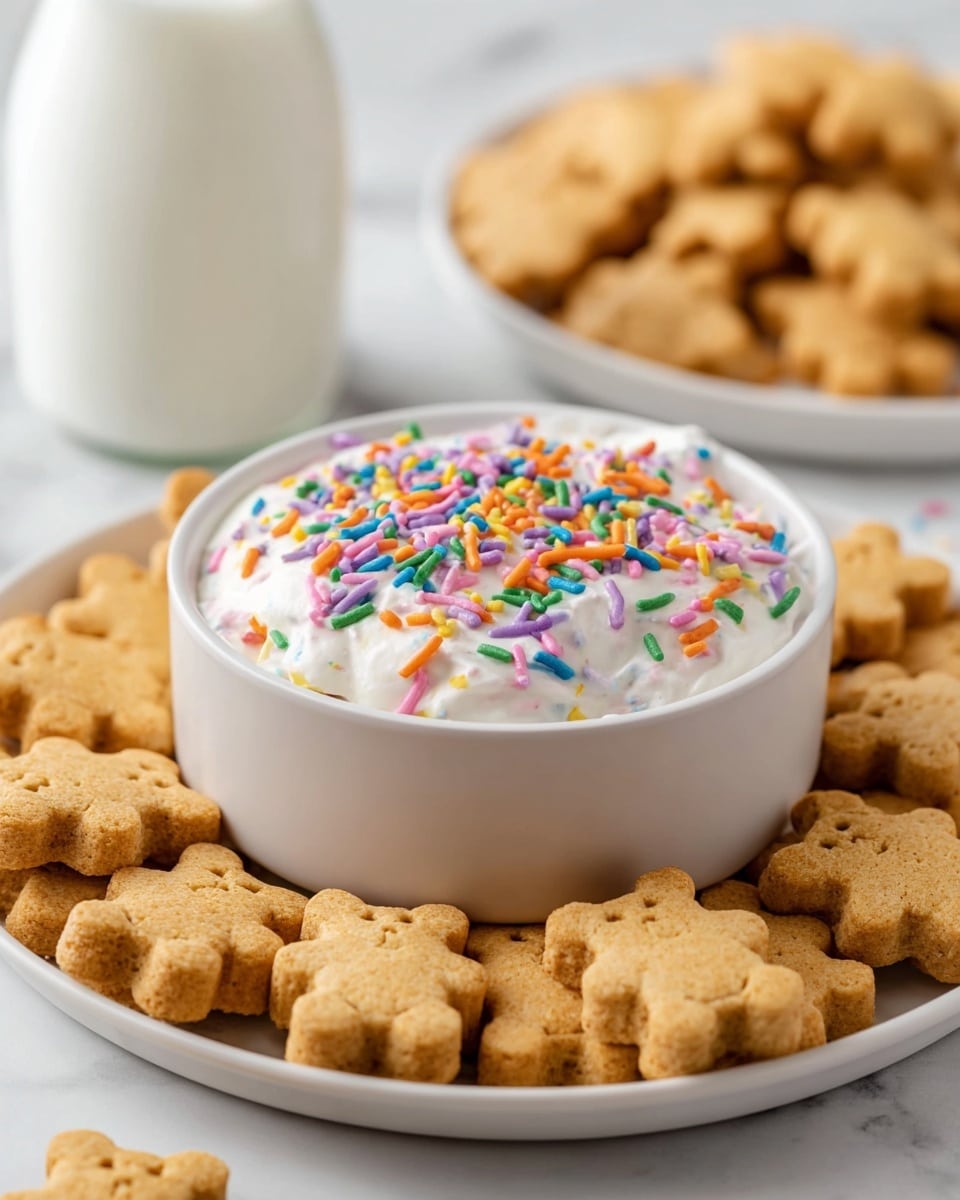 The image shows a white round plate filled with light brown teddy bear-shaped crackers arranged all around a white bowl in the center. Inside the bowl, there is a thick layer of creamy white dip topped with colorful sprinkles in pink, orange, green, purple, and blue scattered evenly on the surface. The background has a white marbled texture, and there is a blurred white plate of more crackers and a glass bottle of milk in soft focus behind the main plate. The overall look is bright, inviting, and playful. photo taken with an iphone --ar 4:5 --v 7