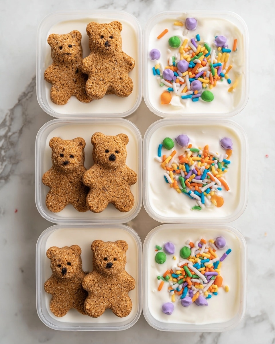 The image shows a divided tray with alternating sections of brown teddy bear-shaped cookies and white yogurt topped with colorful rainbow sprinkles. Each yogurt section has a single teddy bear cookie placed on top, partially submerged, with smooth, creamy white yogurt contrasting with the bright, small sprinkles in colors like purple, green, yellow, orange, and blue. The teddy bear cookies have a textured, crumbly surface with detailed facial features. The background is a white marbled texture, and the overall presentation is neat and playful. photo taken with an iphone --ar 4:5 --v 7