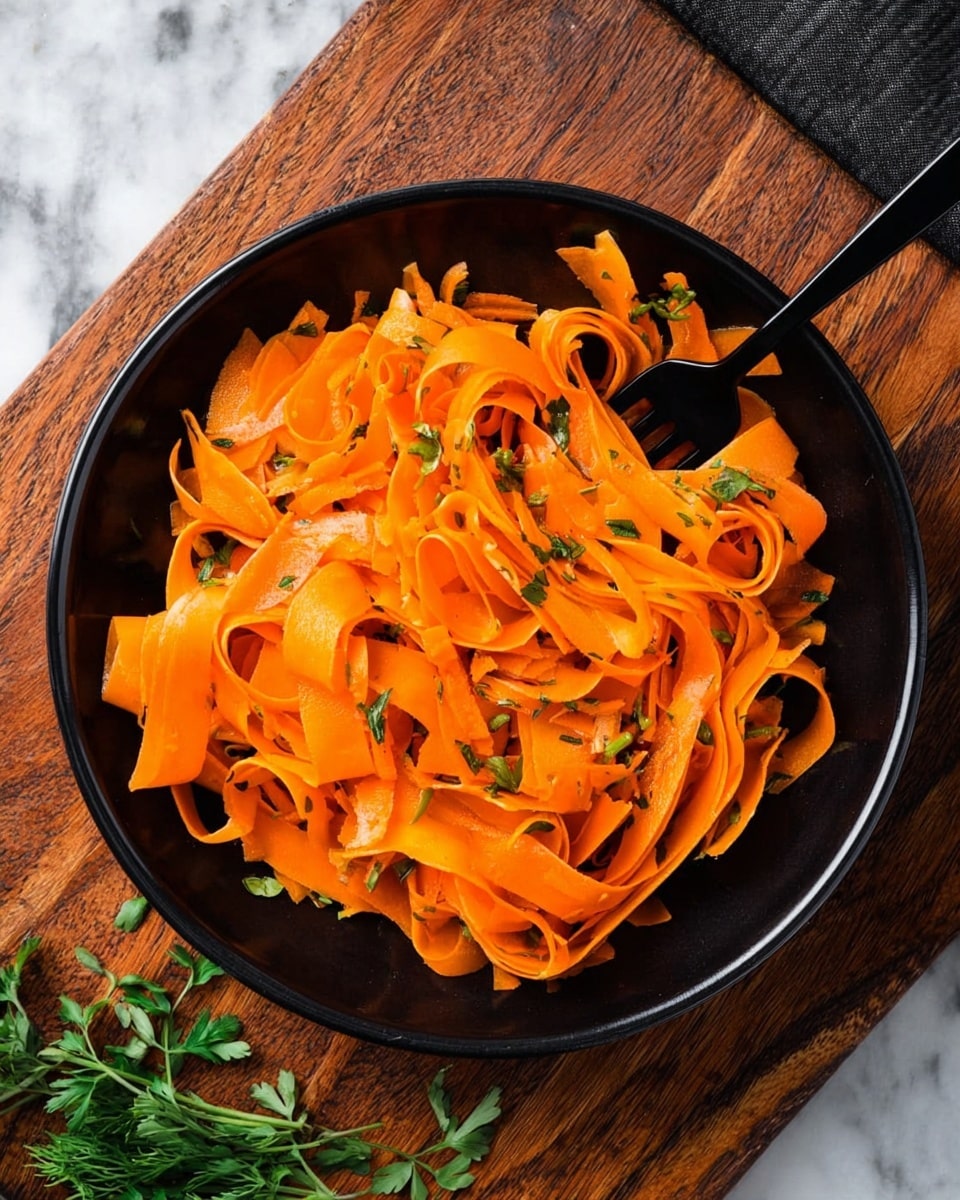 A black bowl sits on a wooden board, filled with vibrant orange carrot ribbons that look like wide, flat noodles. The carrot ribbons are soft and slightly curled, mixed with small green herb bits scattered throughout. A black fork is placed inside the bowl, twirling some ribbons. Fresh green herbs lay around the wooden board on a white marbled surface, giving a fresh and colorful touch. photo taken with an iphone --ar 4:5 --v 7