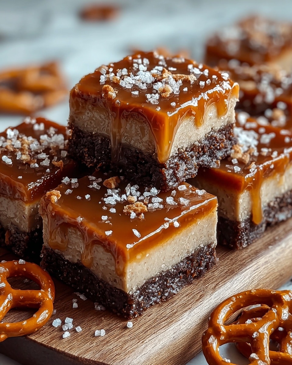 The image shows four square pieces of a dessert with three visible layers: the bottom layer is dark brown and crumbly, the middle layer is thick, light brown, and soft-textured, and the top layer is a shiny caramel glaze that drips slightly over the edges. Small crunchy bits and coarse white salt crystals are sprinkled on top of the caramel layer. The dessert pieces are placed on a wooden board, and some caramel-coated pretzels and loose sprinkles are scattered around. The background is a white marbled texture. Photo taken with an iphone --ar 4:5 --v 7