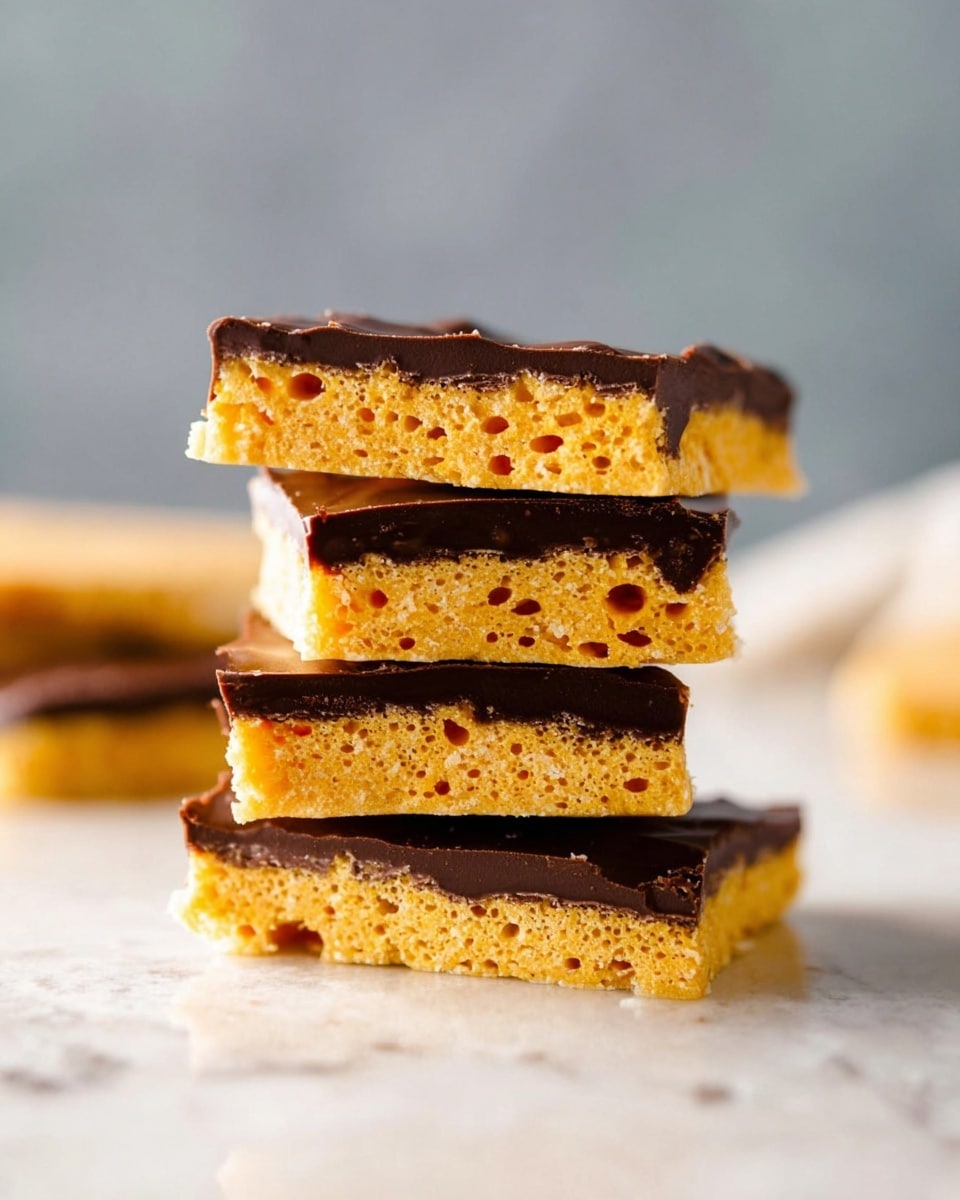 A stack of four honeycomb toffee pieces sits on a white marbled surface. Each piece has two layers: a thick, golden-yellow honeycomb base filled with small air holes, and a thin top layer of dark chocolate that looks smooth and slightly glossy. The pieces are unevenly stacked, showing the porous texture of the honeycomb and the contrasting dark brown chocolate on top. The background is softly blurred, emphasizing the sharp details and warm colors of the toffee. photo taken with an iphone --ar 4:5 --v 7