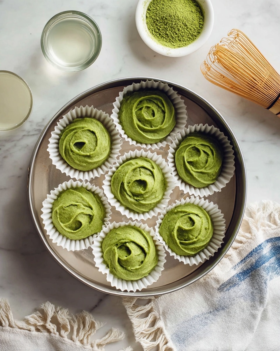 A round tin filled with six green swirl cookies, each placed in white paper cups inside the tin. The cookies have a smooth, piped texture with a vibrant green color and a rose-like spiral pattern on top. Around the tin, there is a small white bowl of green powder, a glass cup filled with white liquid, a bamboo whisk, and a white cloth with fringed edges, all set on a white marbled surface. photo taken with an iphone --ar 4:5 --v 7