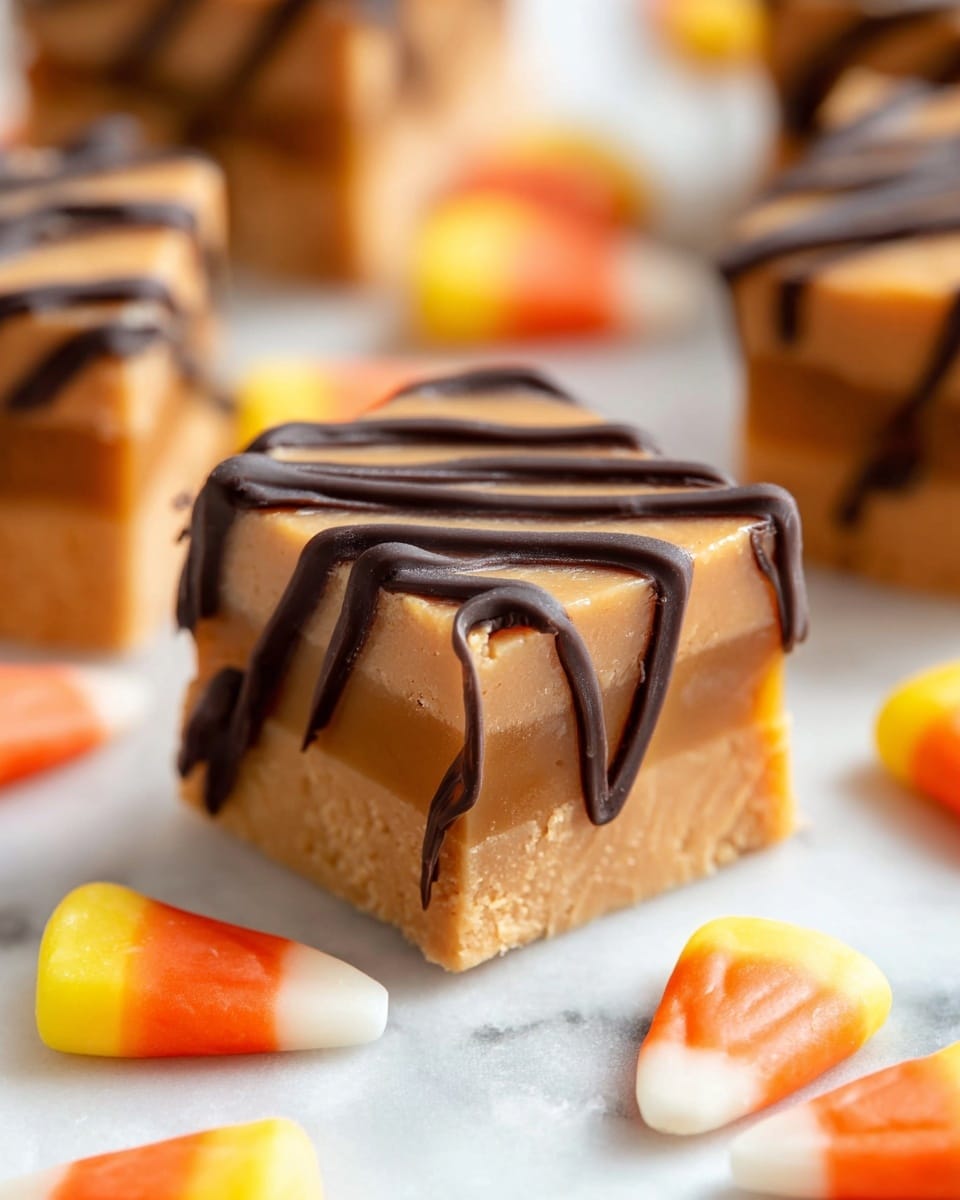 The image shows a close-up of a small square piece of layered caramel fudge with about seven visible layers. The fudge is light brown with a smooth top layer, and dark brown chocolate drizzle is applied in wavy lines across the top and down the sides. Around the fudge piece, candy corn with yellow, orange, and white colors is scattered on a white marbled surface. The focus is sharp on the front fudge piece, while the background pieces are softly blurred. Photo taken with an iphone --ar 4:5 --v 7