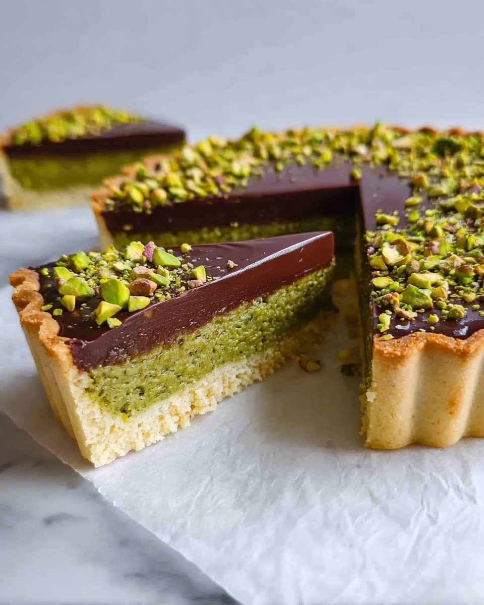 A tart with three visible layers set on white parchment paper over a white marbled surface; the bottom layer is a light beige, firm crust textured with small crumbly bits, the middle layer is green and spongy like a pistachio cake, and the top layer is a thick, smooth, and glossy dark brown chocolate ganache. The tart's edge is scalloped, and the chocolate is sprinkled with chopped green pistachios around the perimeter and more densely over the cut slice in the foreground. The lighting highlights the rich colors and textures clearly. Photo taken with an iphone --ar 4:5 --v 7